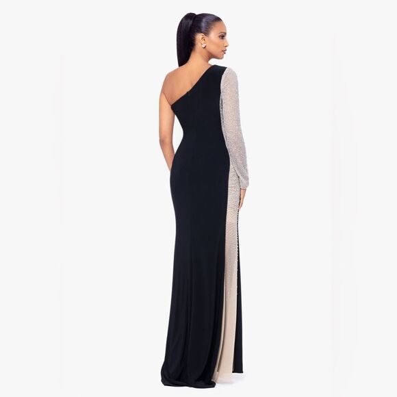 Xscape "DORTHEY"  LONG CAVIAR BEADED JERSEY KNIT ONE SHOULDER LONG SLEEVE DRESS - Picture 4 of 13